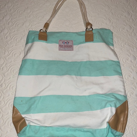 Seafoam Green White Striped Canvas Convertible Beach Bag - Picture 1 of 3